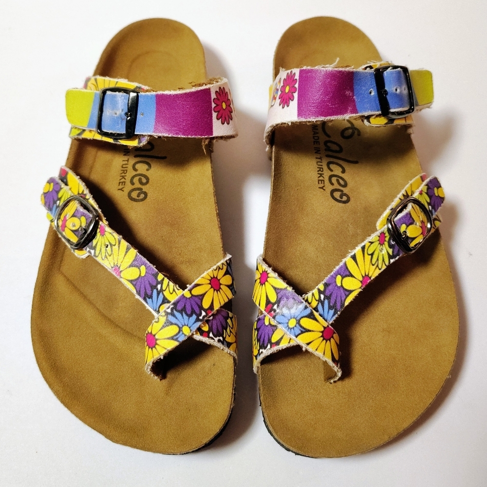 Calceo Women's Colors and Flowers, Love Patterned Slip-On Toe Cork Sandals 38